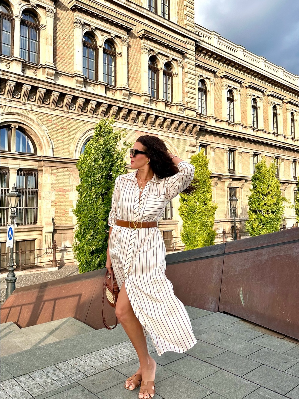 Zara Striped Shirt Dress with Belt - Cream and Brown